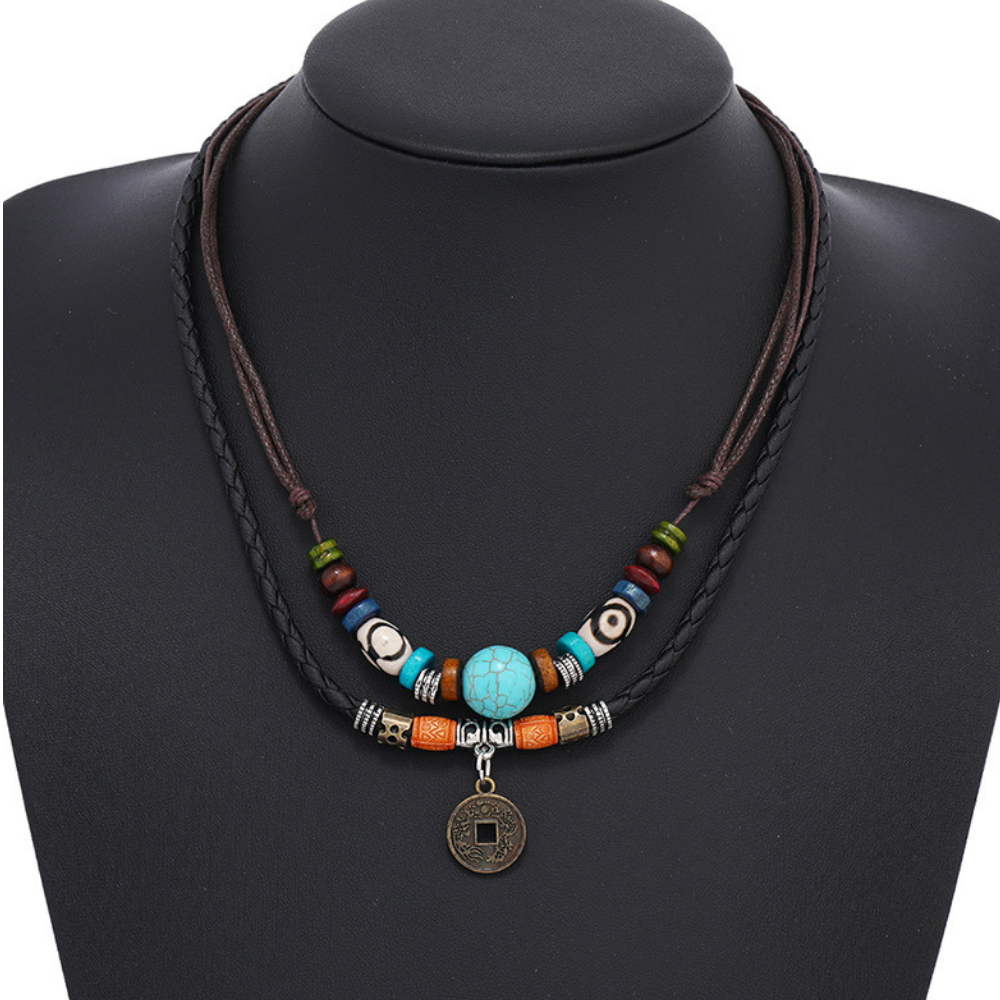 Turquoise Beaded Copper Coin Necklace