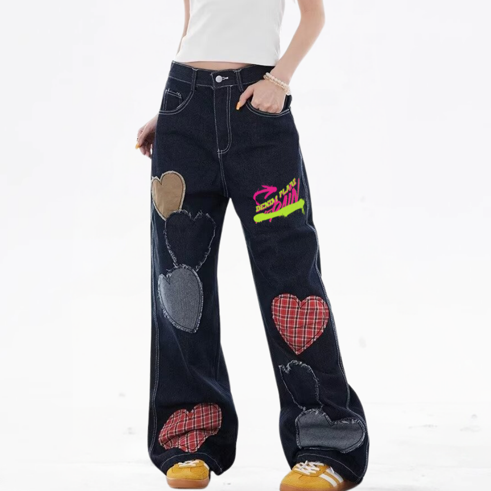 DF| Plaid Heart Patch Jeans