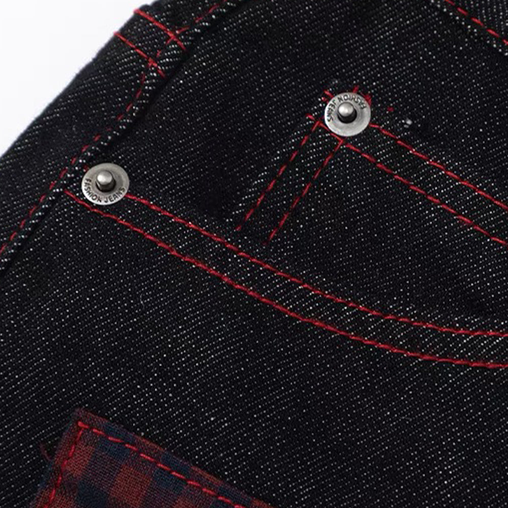 Plaid Patchwork Design Retro Jeans