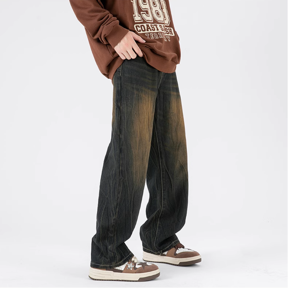 Street-Worn Washed Straight-Leg Jeans