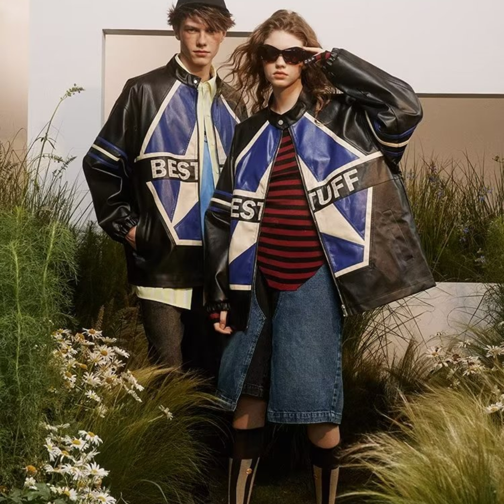 High Street Color Contrast Panel Leather Jacket