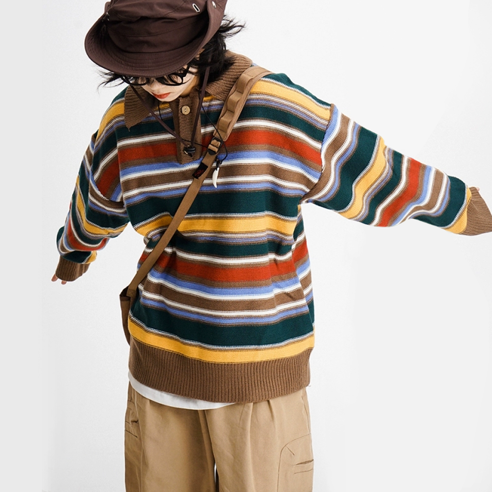 Vintage Colorful Striped Polo Sweater