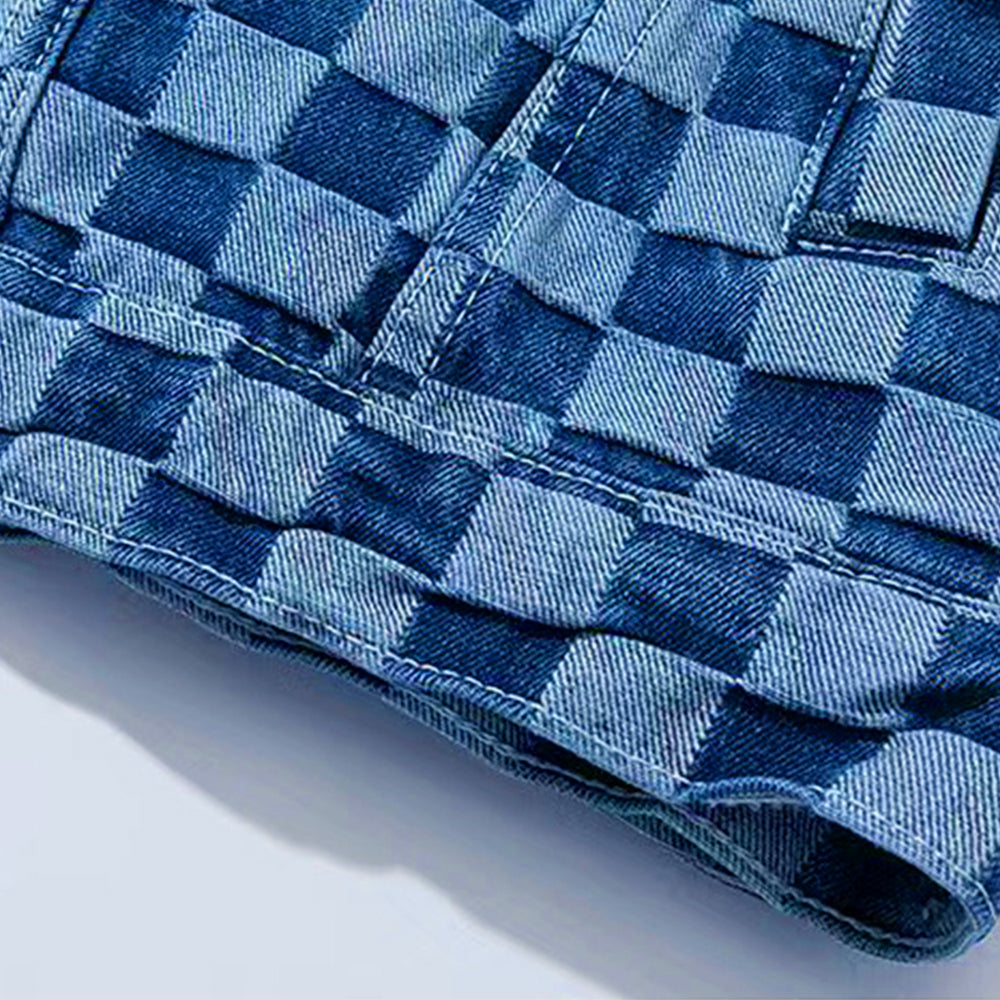 Street Checkerboard Lapel Denim Jackets