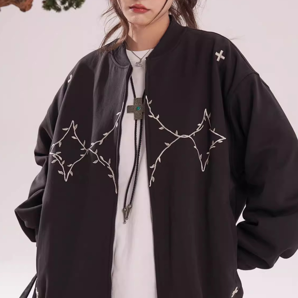Embroidered Bomber Zip-Up Jacket