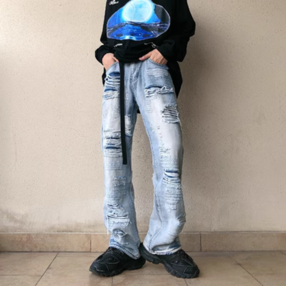 American high street damage ripped straight jeans