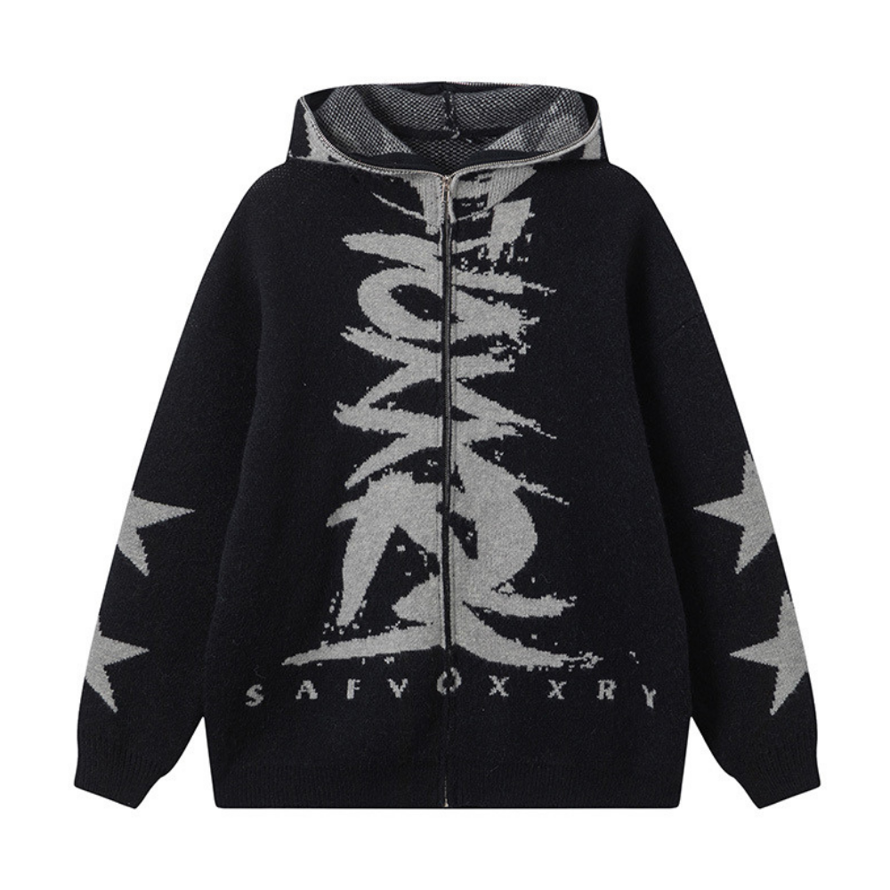 Street Zipper Graffiti Knitted Sweater