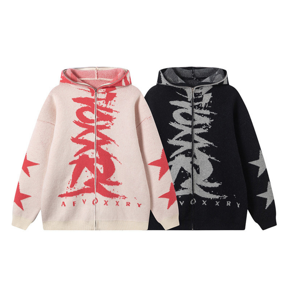 Street Zipper Graffiti Knitted Sweater