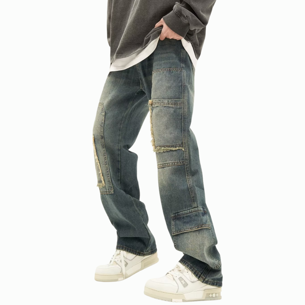 DF Washed Raw Edge Pockets Straight Jeans