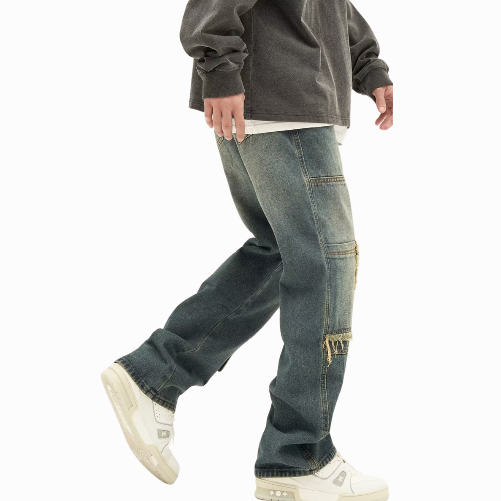 DF Washed Raw Edge Pockets Straight Jeans