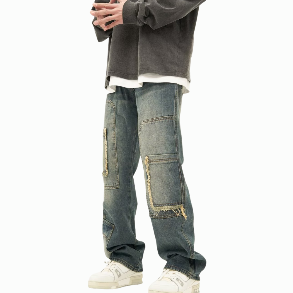 DF Washed Raw Edge Pockets Straight Jeans