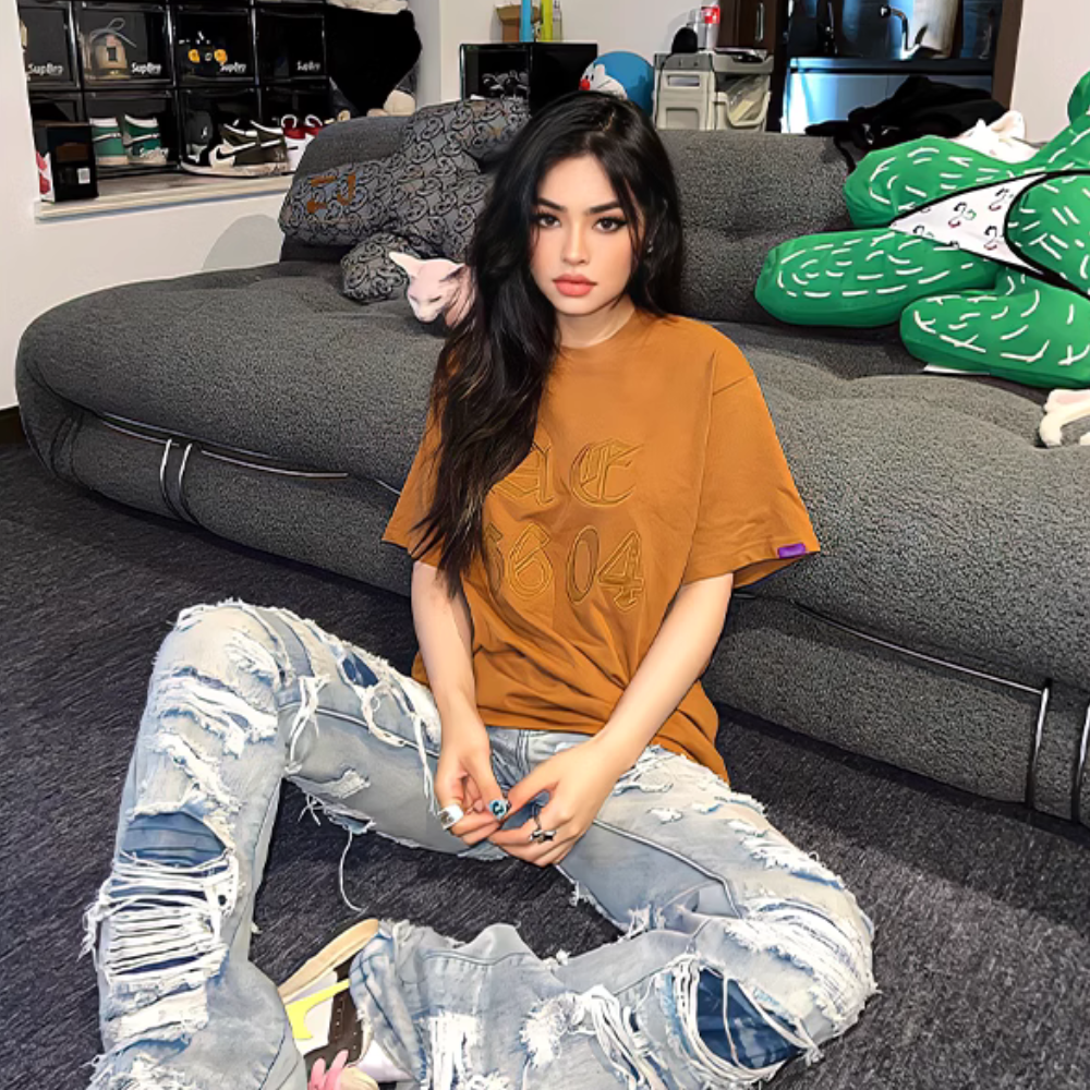 American high street damage ripped straight jeans