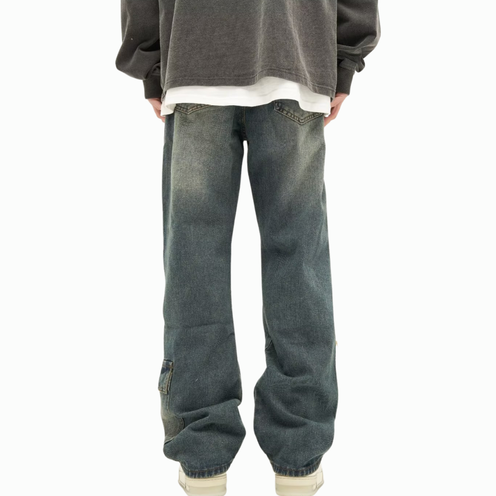DF Washed Raw Edge Pockets Straight Jeans