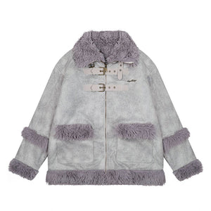 【NOW TREND】Leather Button Zip Fur Collar Coat