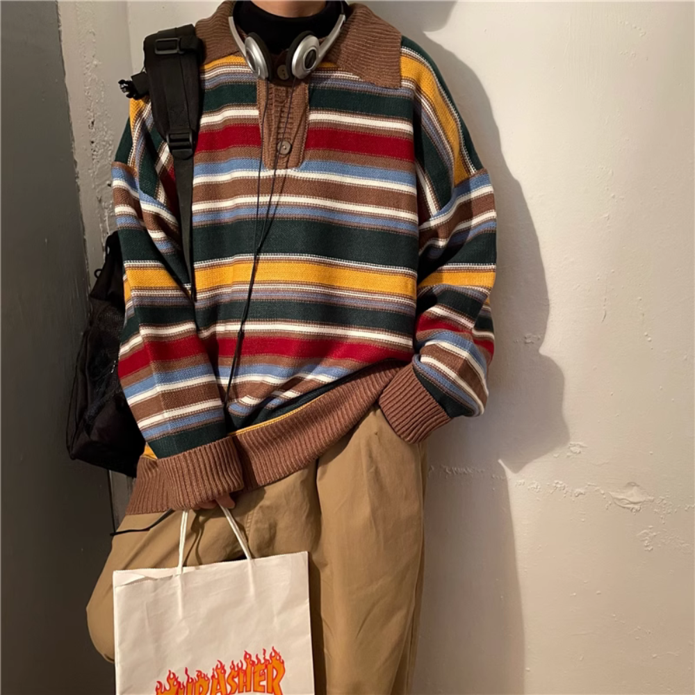 Vintage Colorful Striped Polo Sweater
