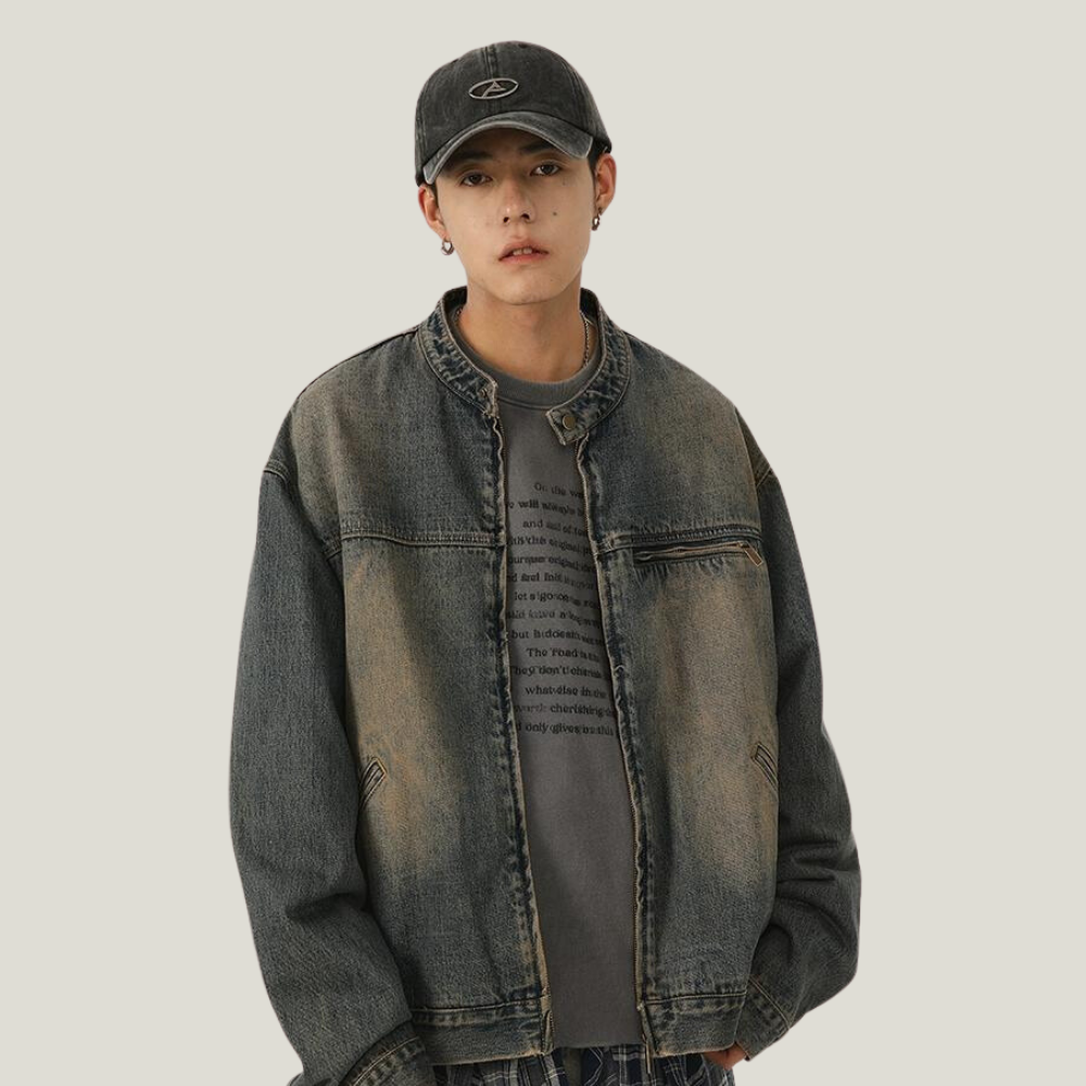 Retro Stand Collar Washed Denim Jacket
