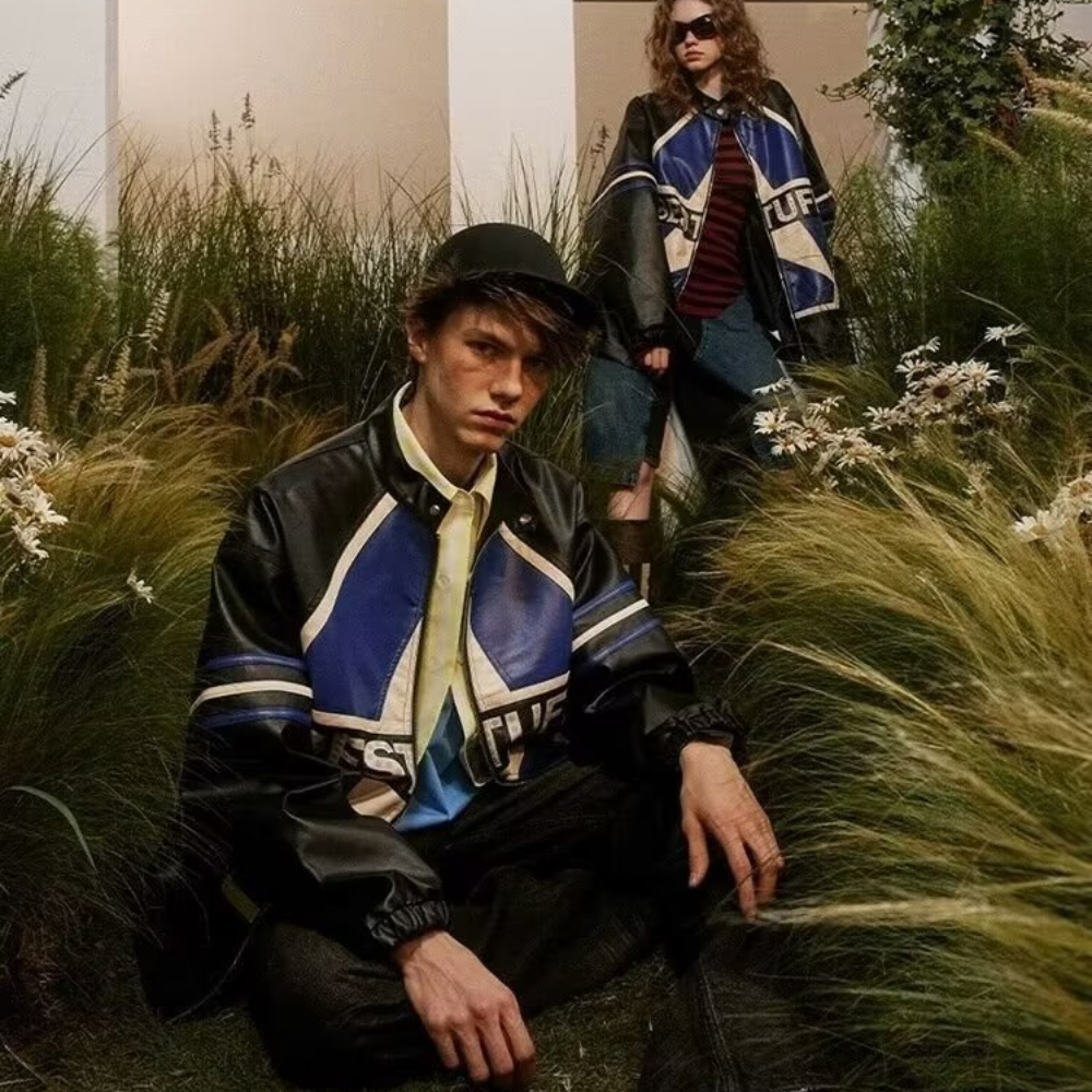 High Street Color Contrast Panel Leather Jacket