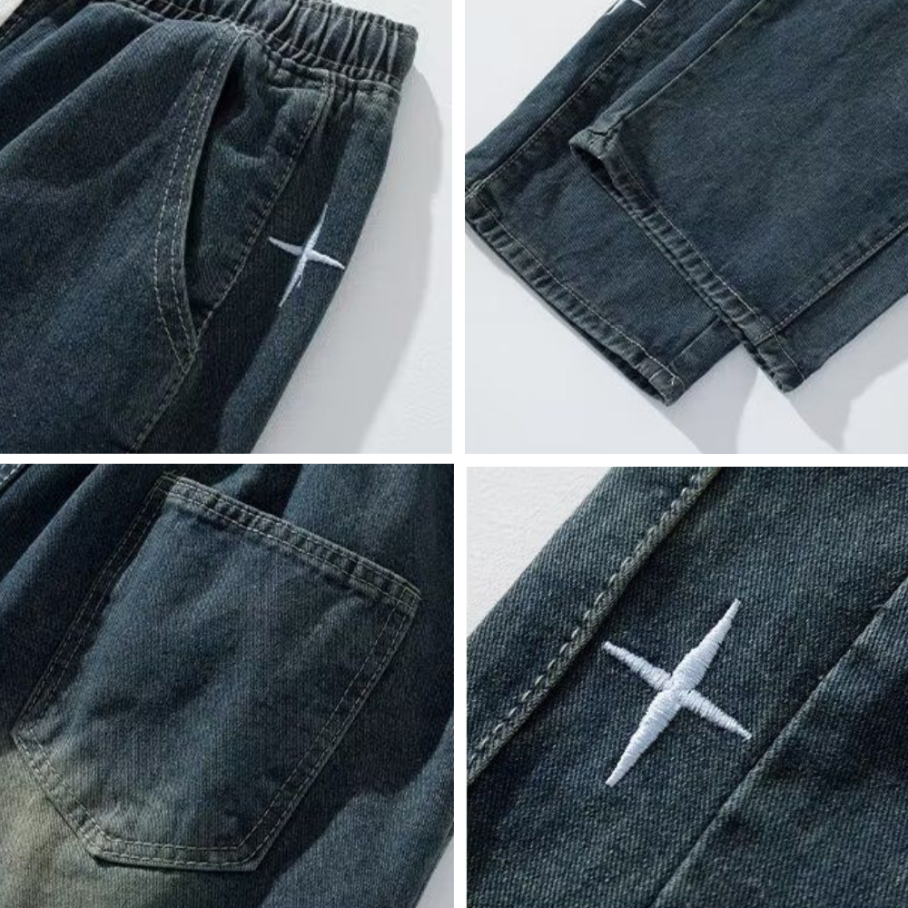 Distressed Side Star Embroidery Jeans
