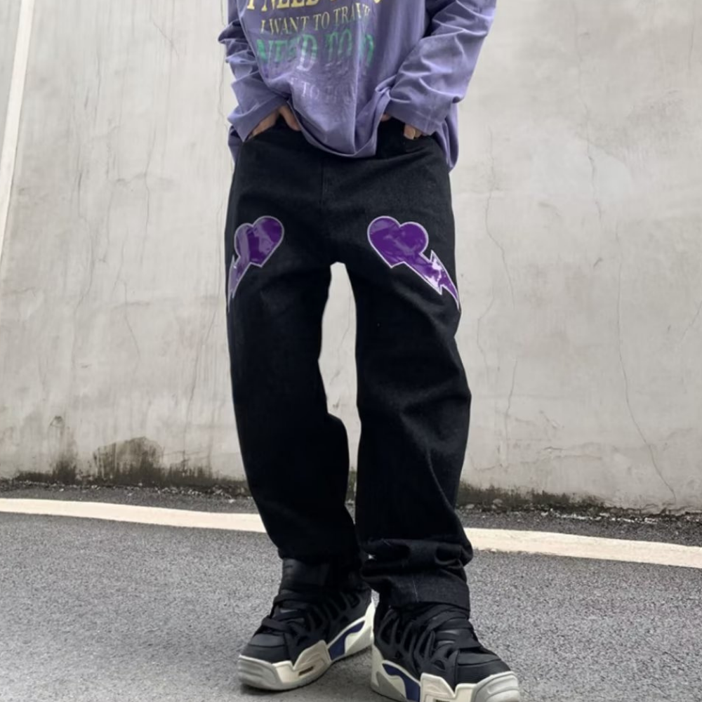 DF| Shiny Heart Letter Patch Jeans