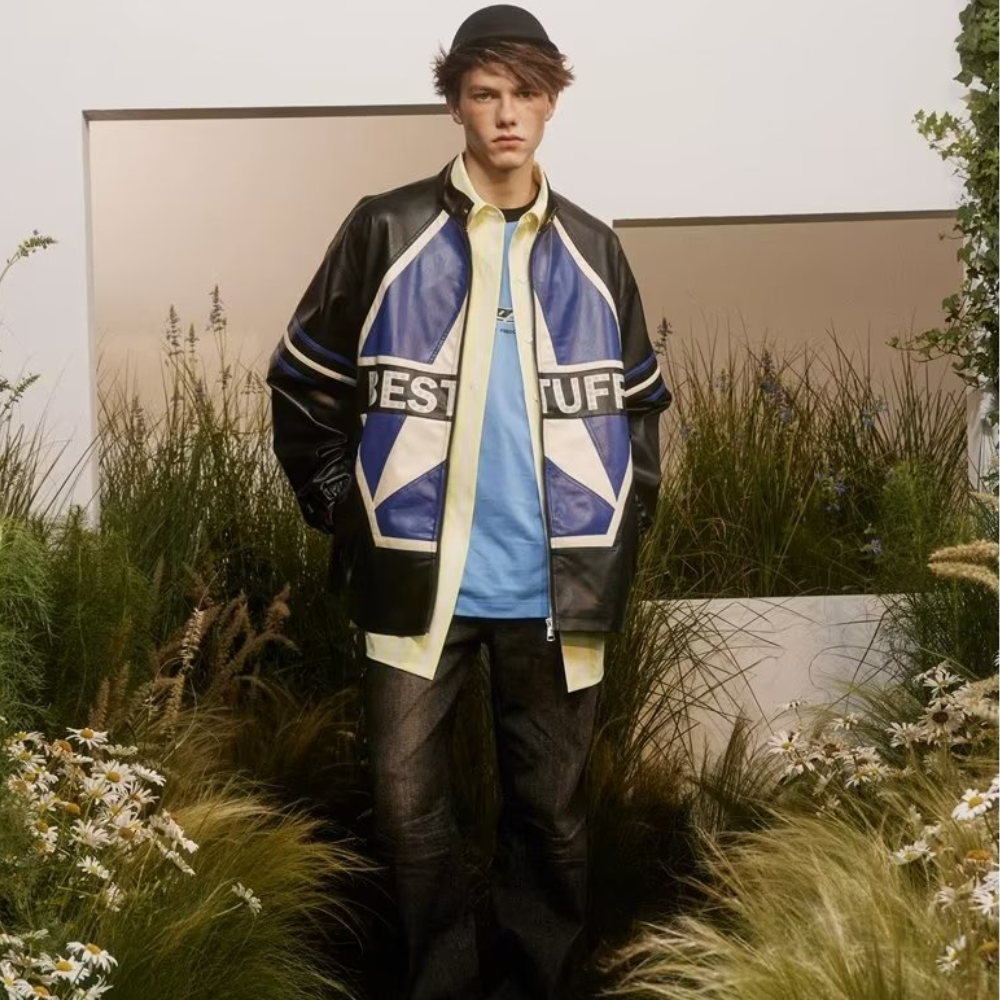 High Street Color Contrast Panel Leather Jacket