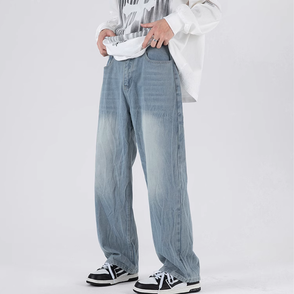 Street-Worn Washed Straight-Leg Jeans