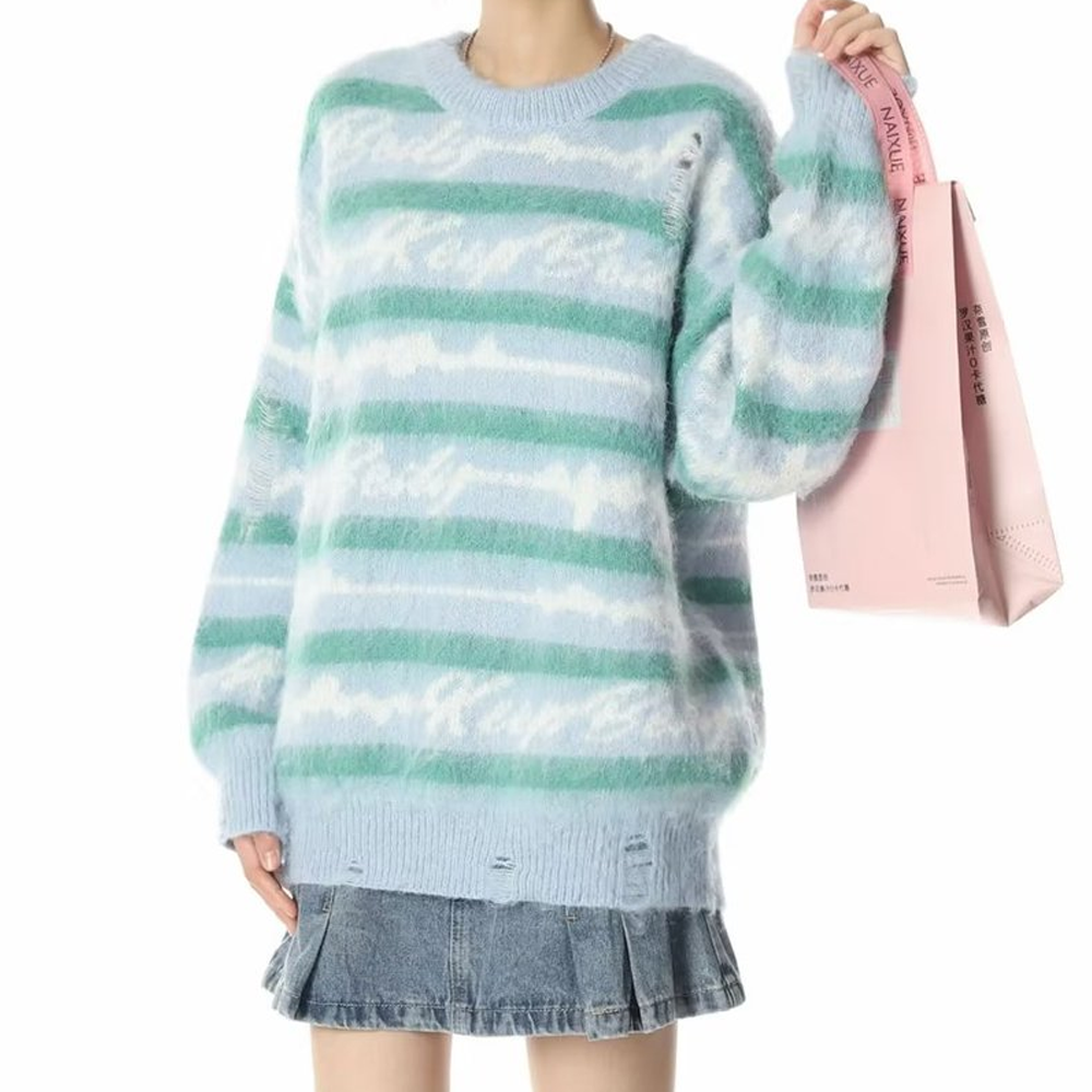 Retro Deer Plush Stripes Sweater