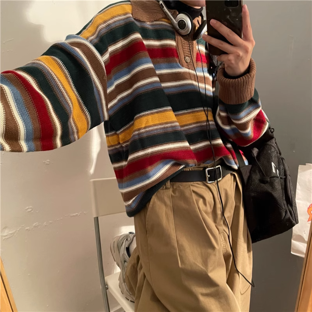 Vintage Colorful Striped Polo Sweater