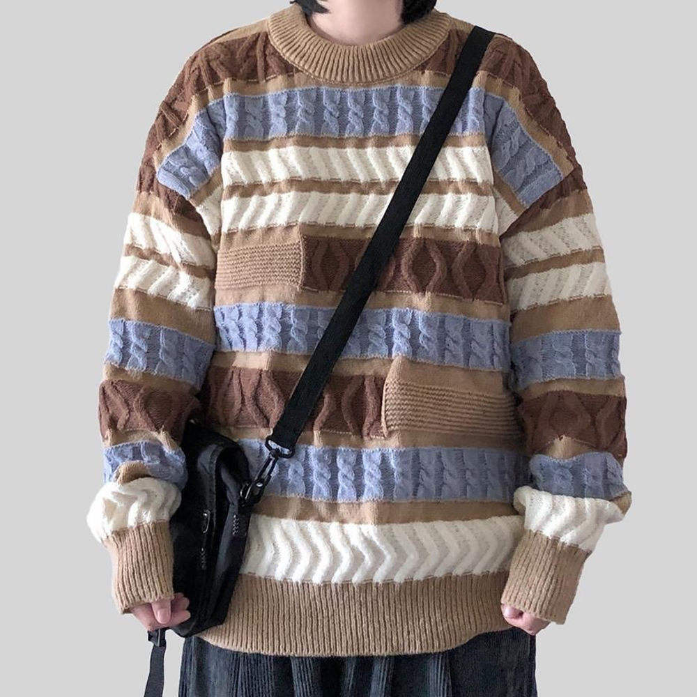 Casual Irregular Contrast Color Crew Neck Sweater