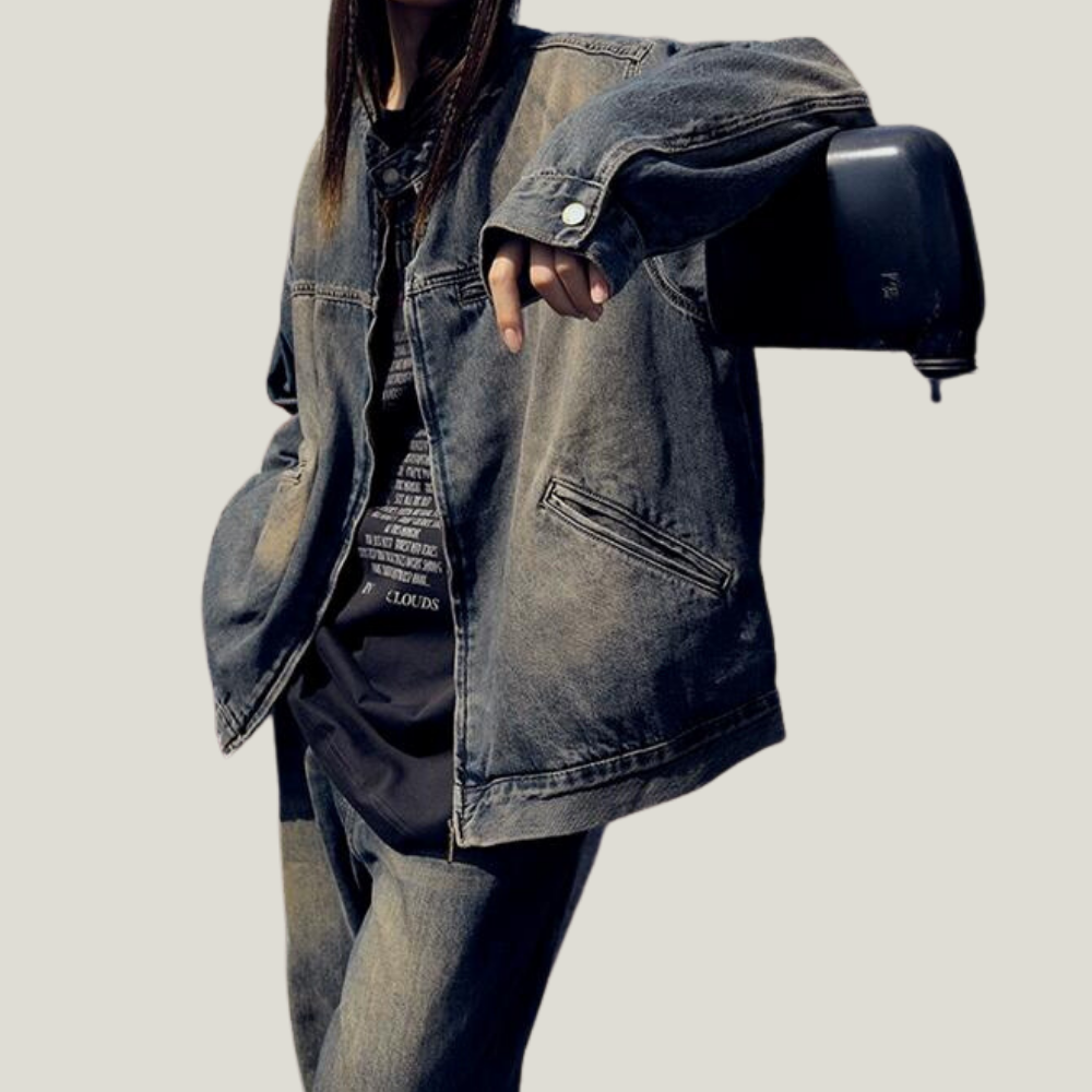 Retro Stand Collar Washed Denim Jacket