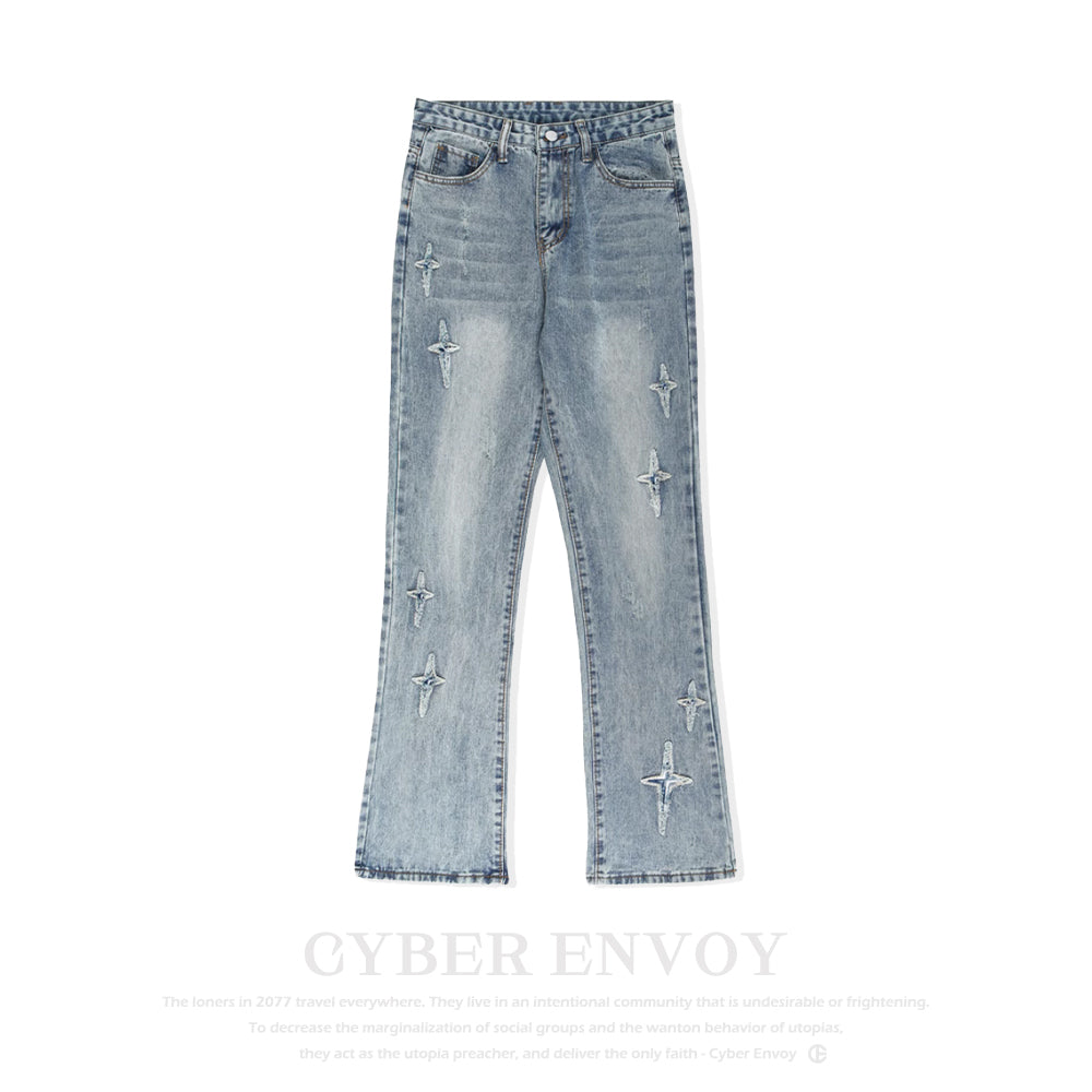 Cyber Envoy | Solid Color Four Pointed Star Jeans