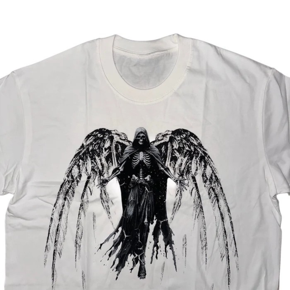 Unseen Echoes Fallen Angel Graphic Tee – Embrace the Dark Flight
