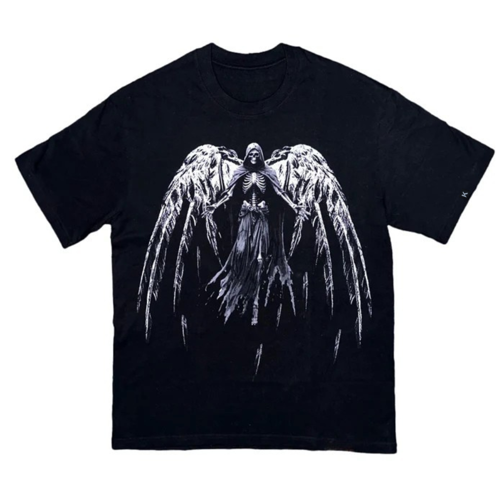 Unseen Echoes Fallen Angel Graphic Tee – Embrace the Dark Flight