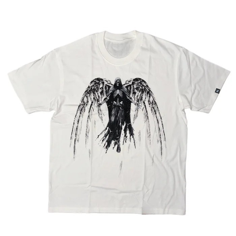 Unseen Echoes Fallen Angel Graphic Tee – Embrace the Dark Flight