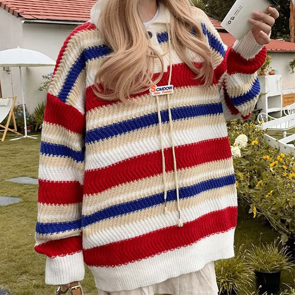 Japanese Rainbow Striped Polo Sweater