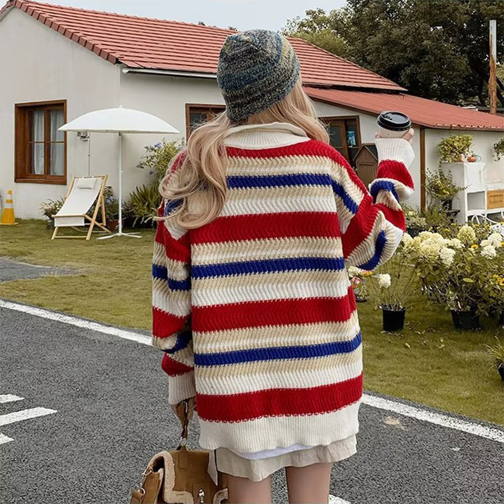 Japanese Rainbow Striped Polo Sweater