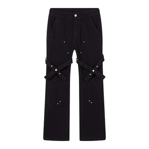 Street Rivet Bandage Belted Straight Jeans