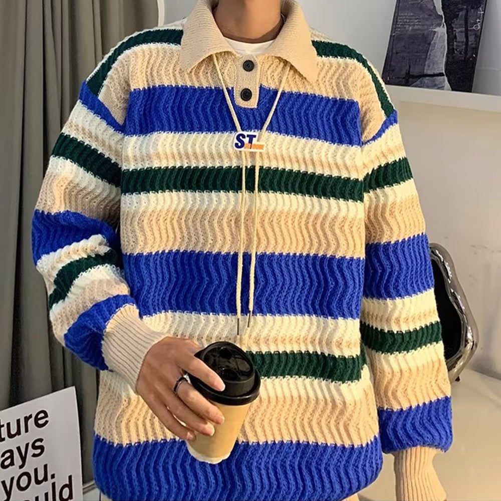 Japanese Rainbow Striped Polo Sweater