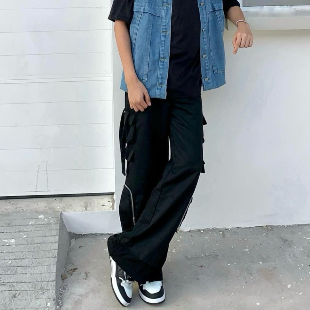 Functional Style Straight Wide Legs Cargo Sweatpants
