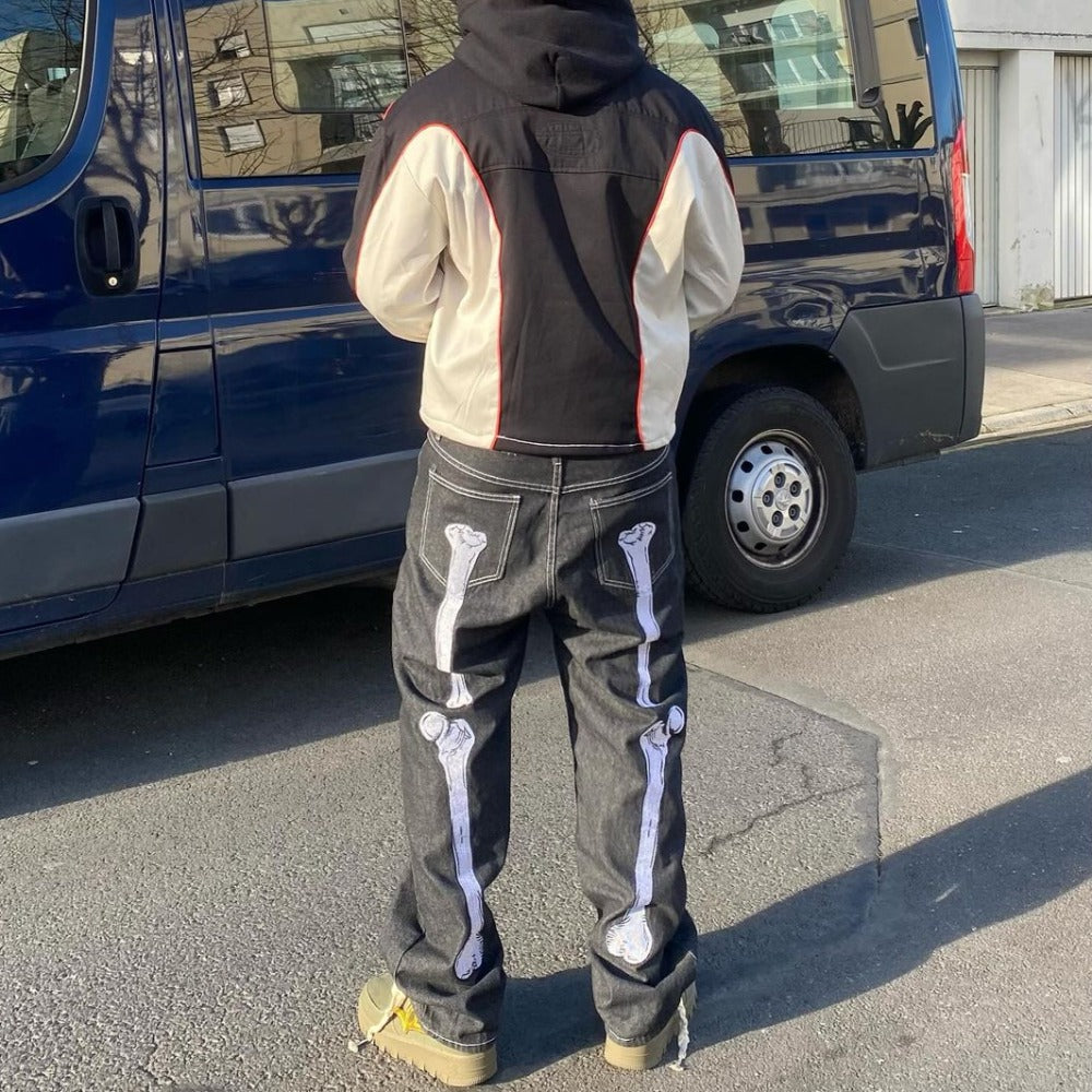 Dark Skeleton Embroidery Baggy Jeans