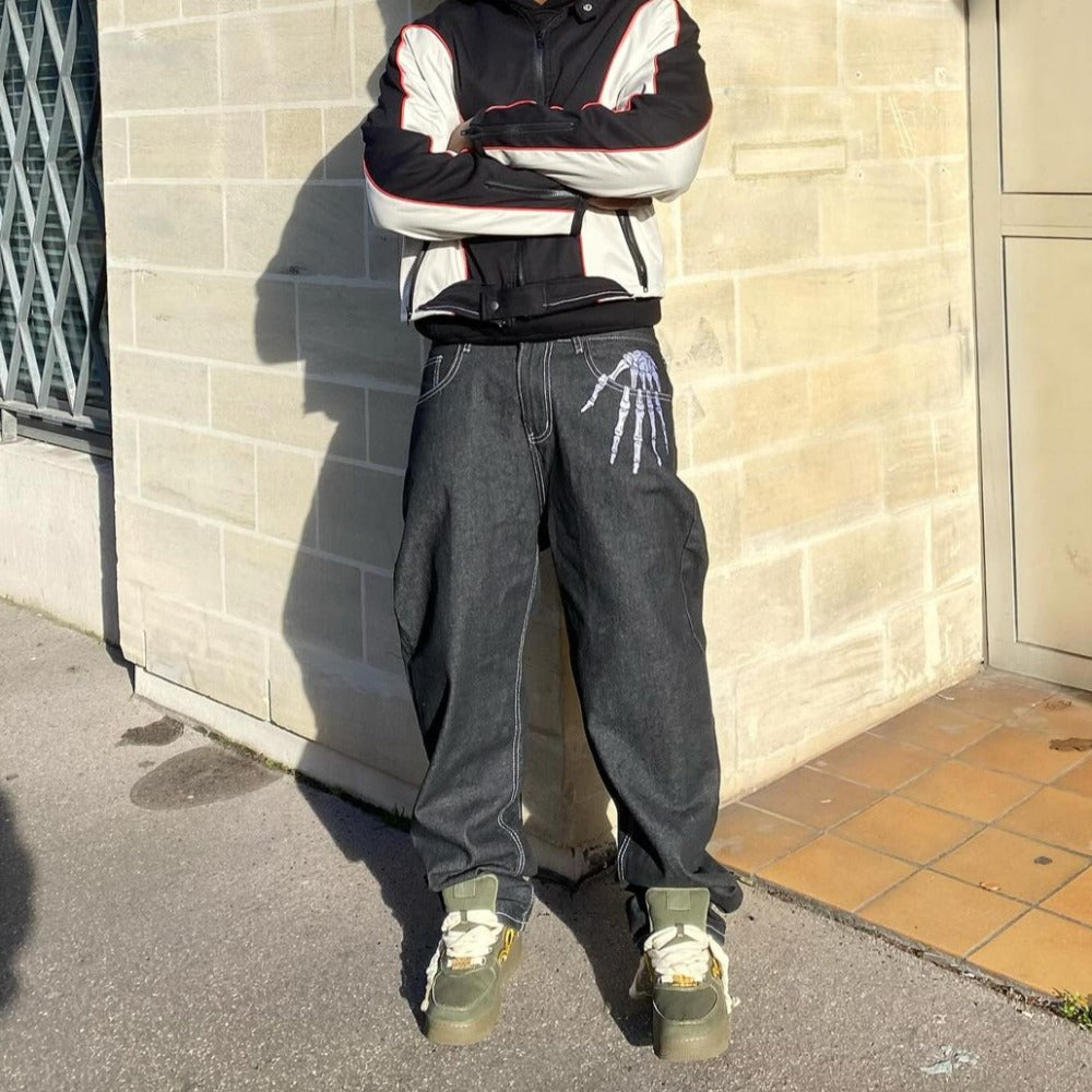 Dark Skeleton Embroidery Baggy Jeans