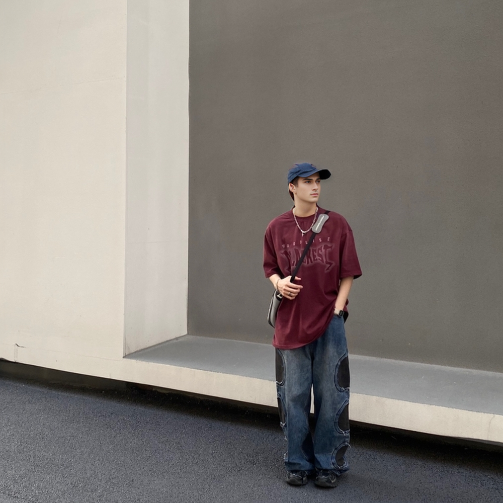 Retro Circle Patch Wide Leg Jeans