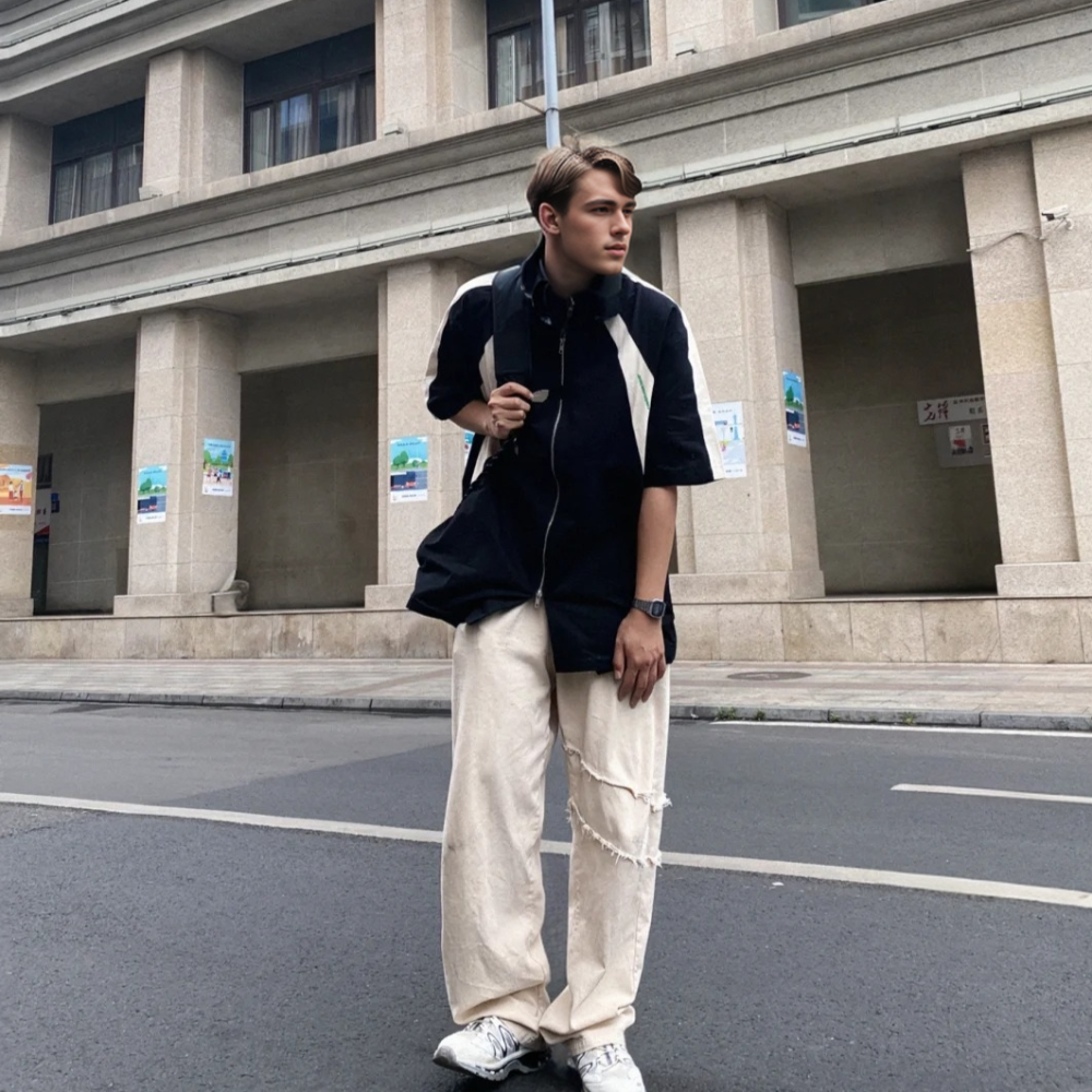 Street Color Block Zip Work Shirt