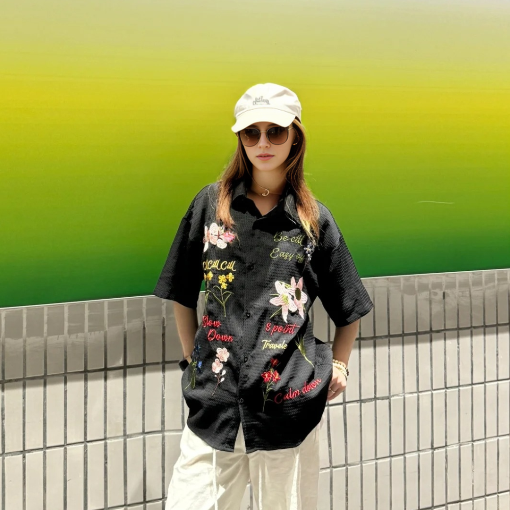 Retro Floral Embroidered Waffle Shirt