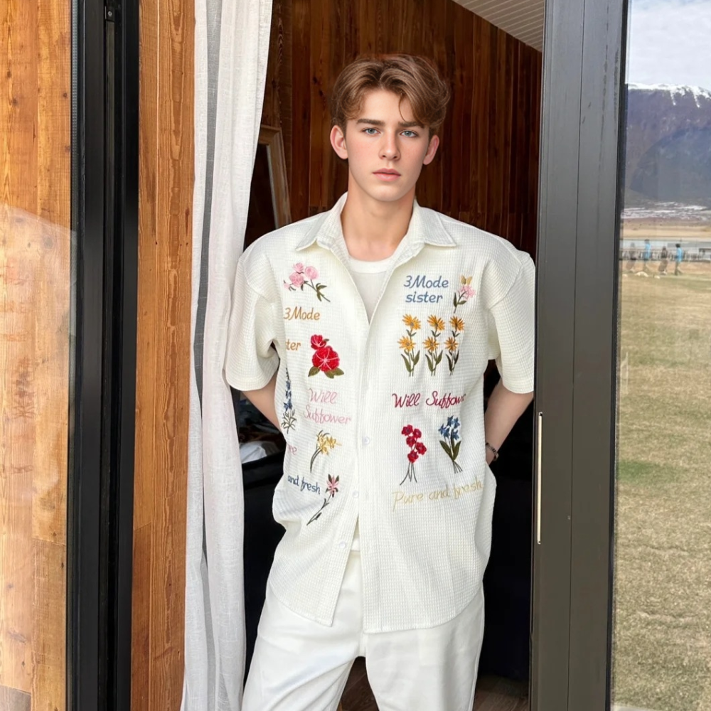 Retro Floral Embroidered Waffle Shirt