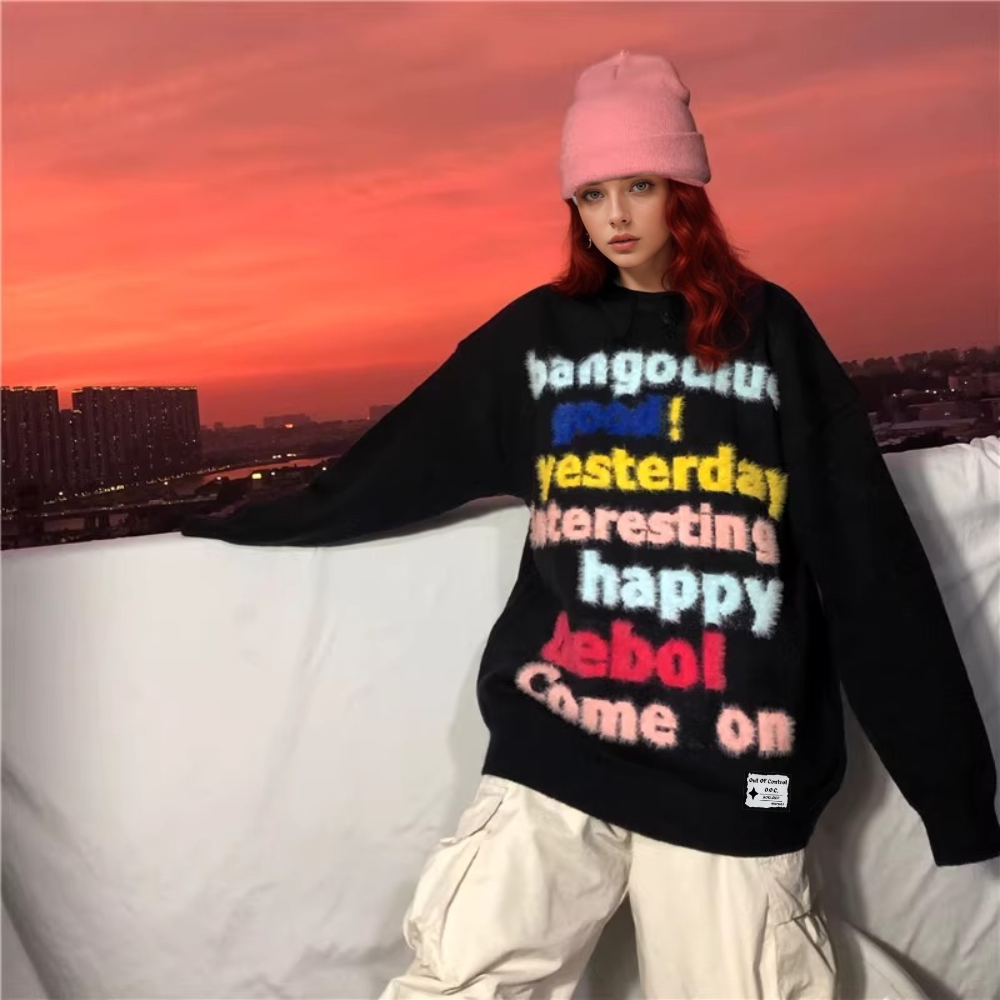 OOC' 3D Colorful Letter Print Loose Sweater