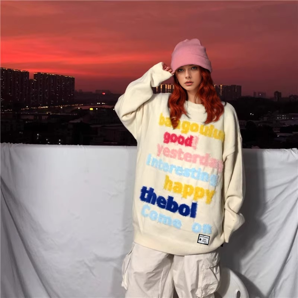 OOC' 3D Colorful Letter Print Loose Sweater