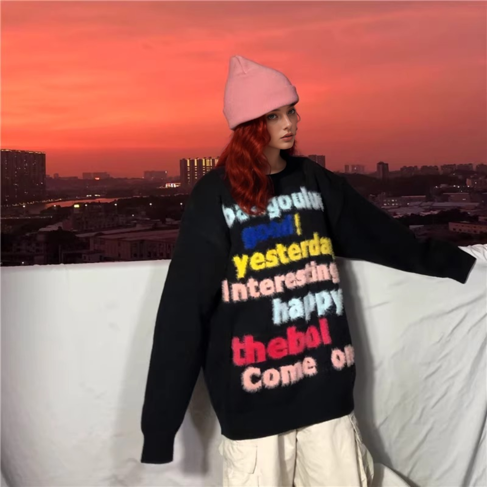 OOC' 3D Colorful Letter Print Loose Sweater