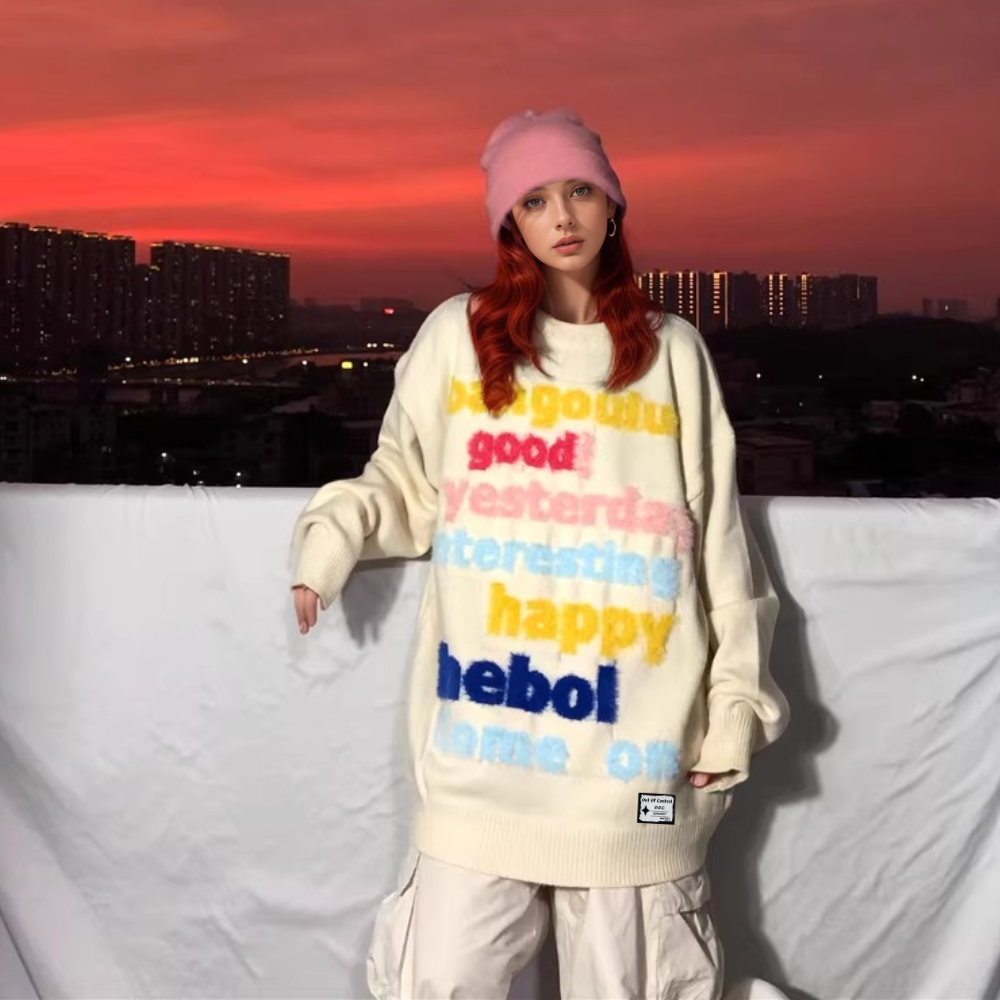 OOC' 3D Colorful Letter Print Loose Sweater