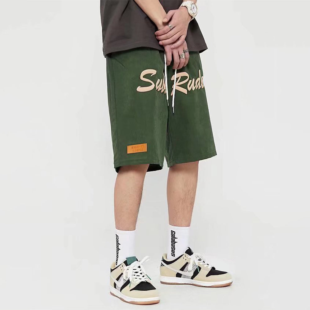 Urban Street Letter Embroidery Suede Shorts