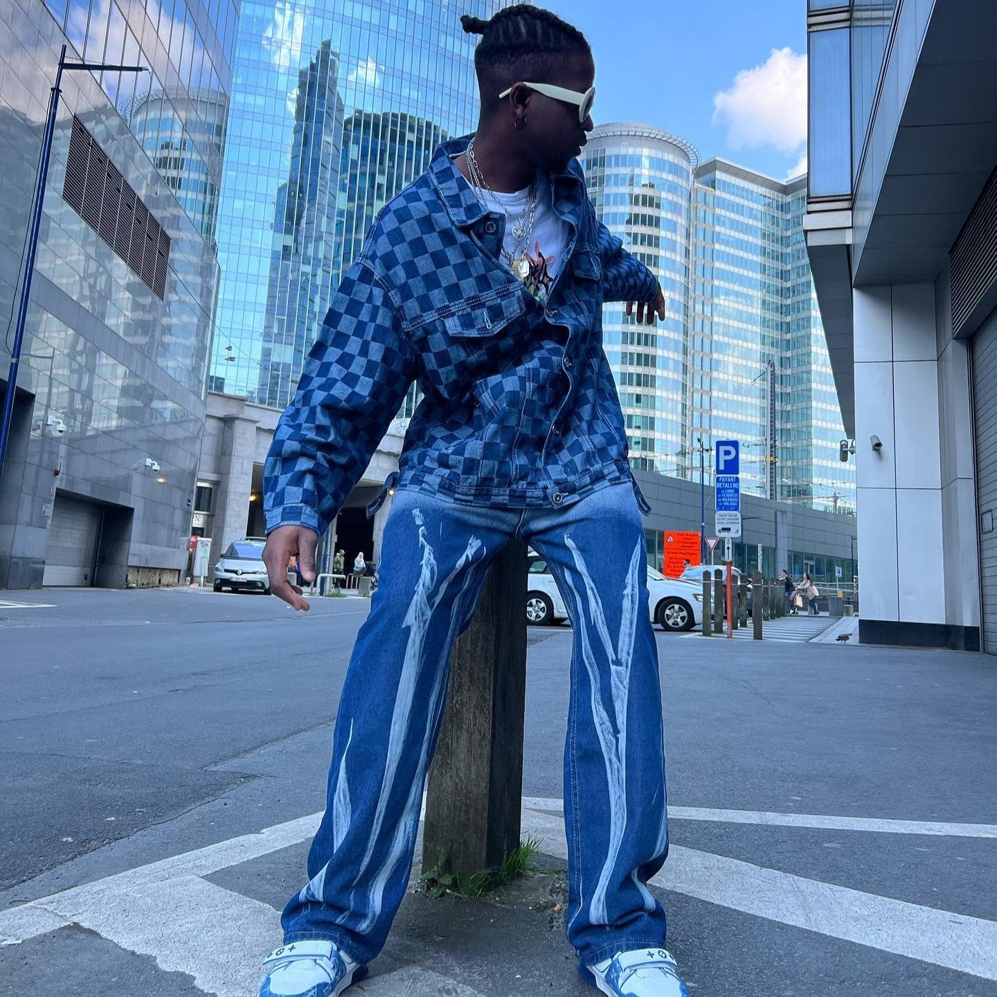 Street Checkerboard Lapel Denim Jackets