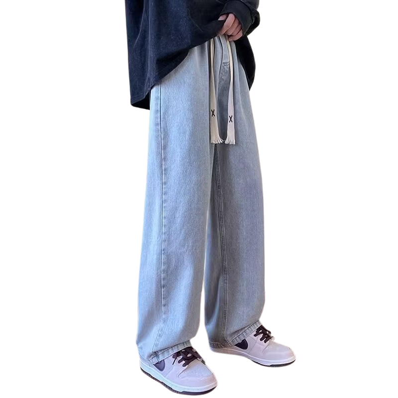 Street Solid Drawstring Washed Jeans